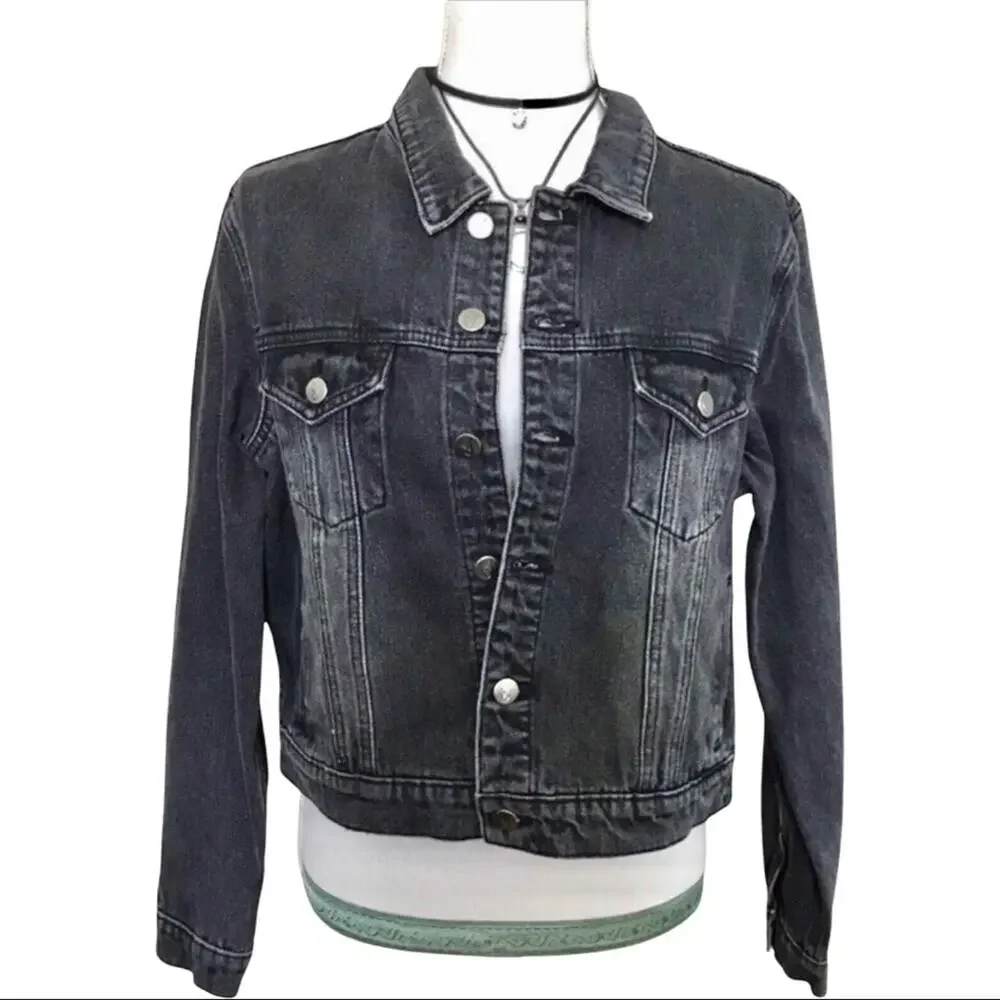 MinkPink NWT Demin Jacket Cotton Embellished Silver Beaded Fleur de Lis - Picture 2 of 8